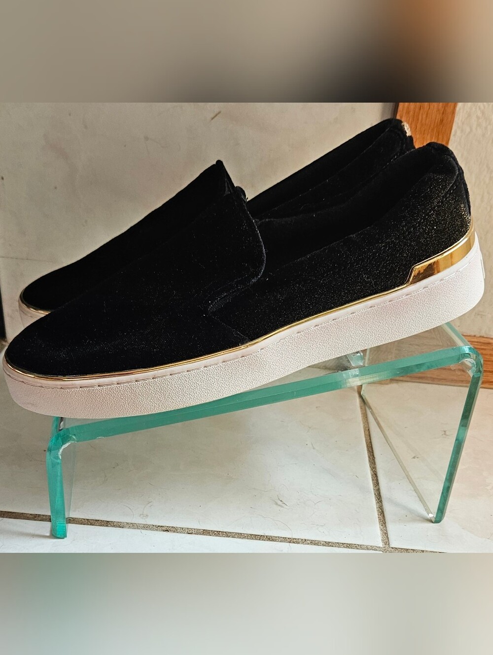 Guess Black Velvet Glitter Slip-On Loafers with Gold Trim, NIB